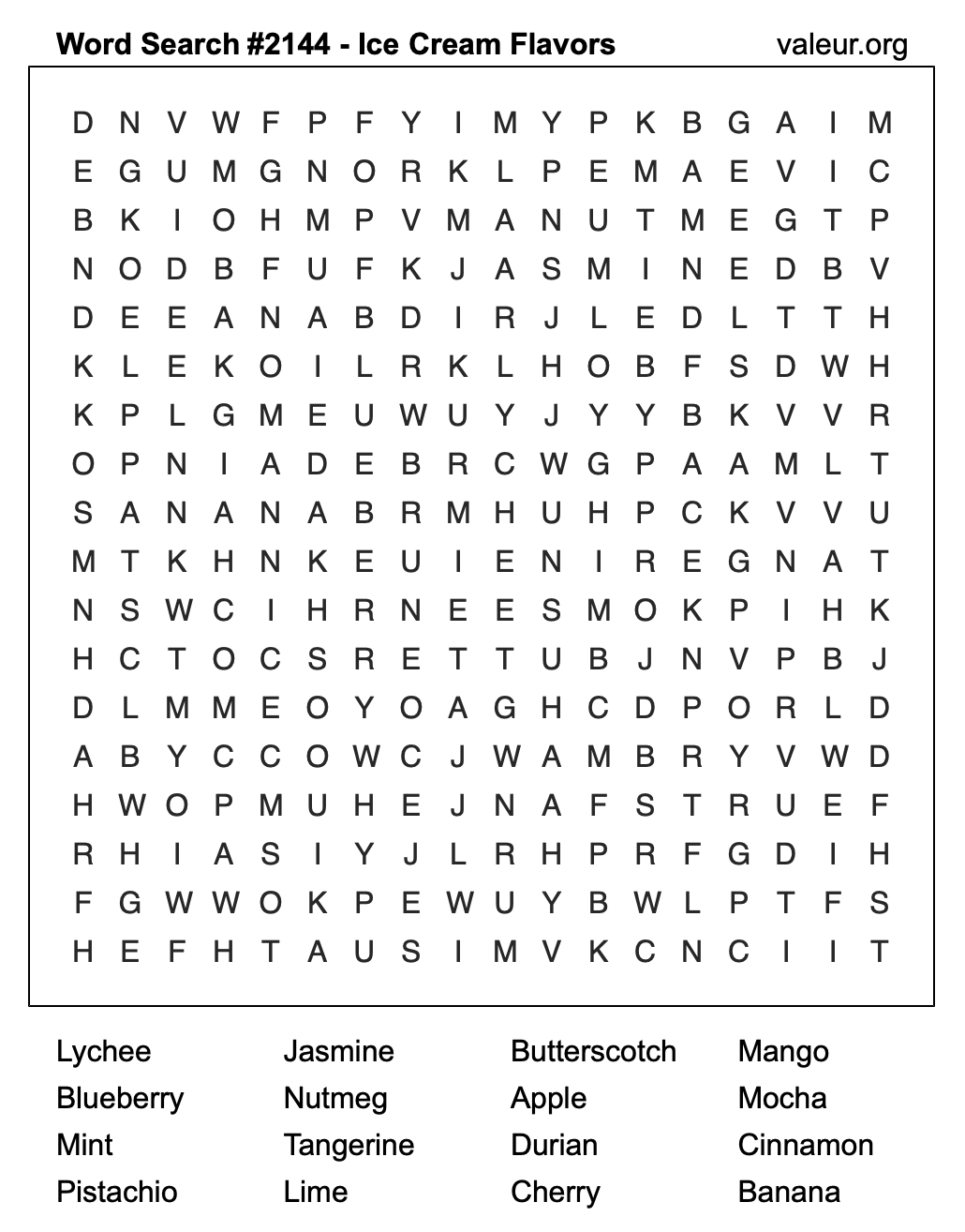 Word Search Puzzle with Ice Cream Flavors #2144