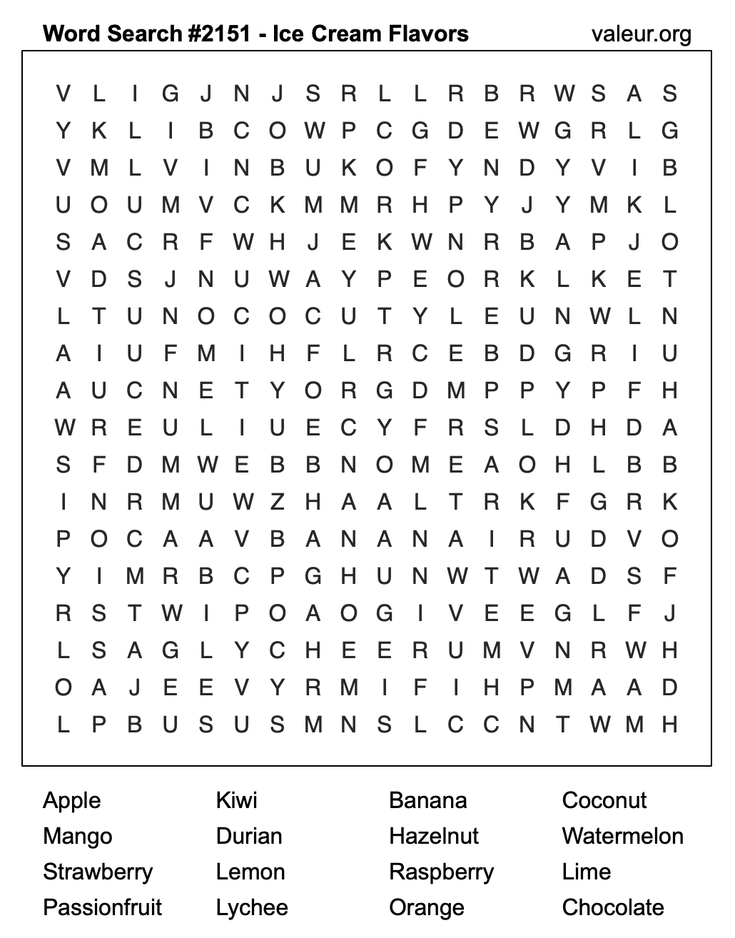 Word Search Puzzle with Ice Cream Flavors #2151