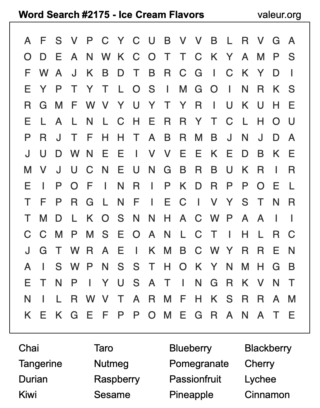 Word Search Puzzle with Ice Cream Flavors #2175