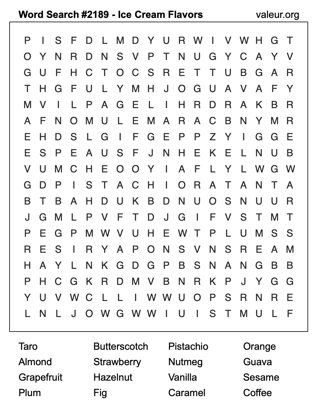 Word Search Puzzle with Ice Cream Flavors #2189