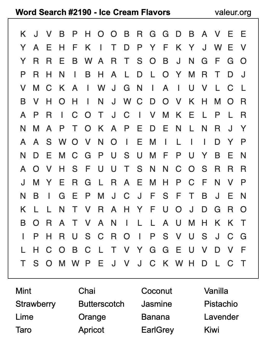 Word Search Puzzle with Ice Cream Flavors #2190