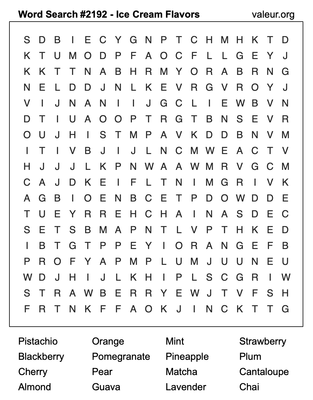 Word Search Puzzle with Ice Cream Flavors #2192