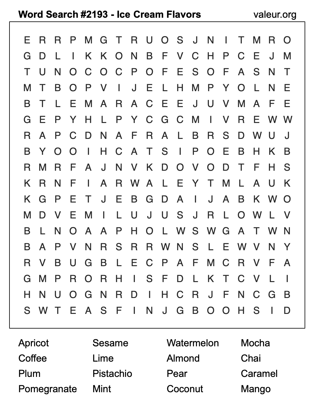 Word Search Puzzle with Ice Cream Flavors #2193