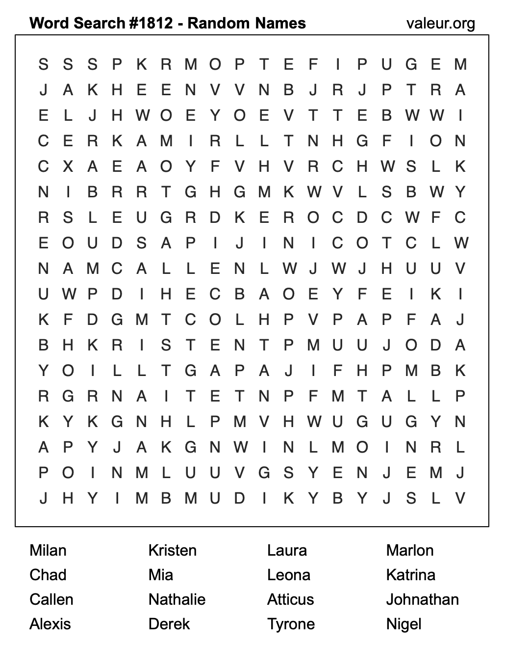 Word Search Puzzle with names #1812