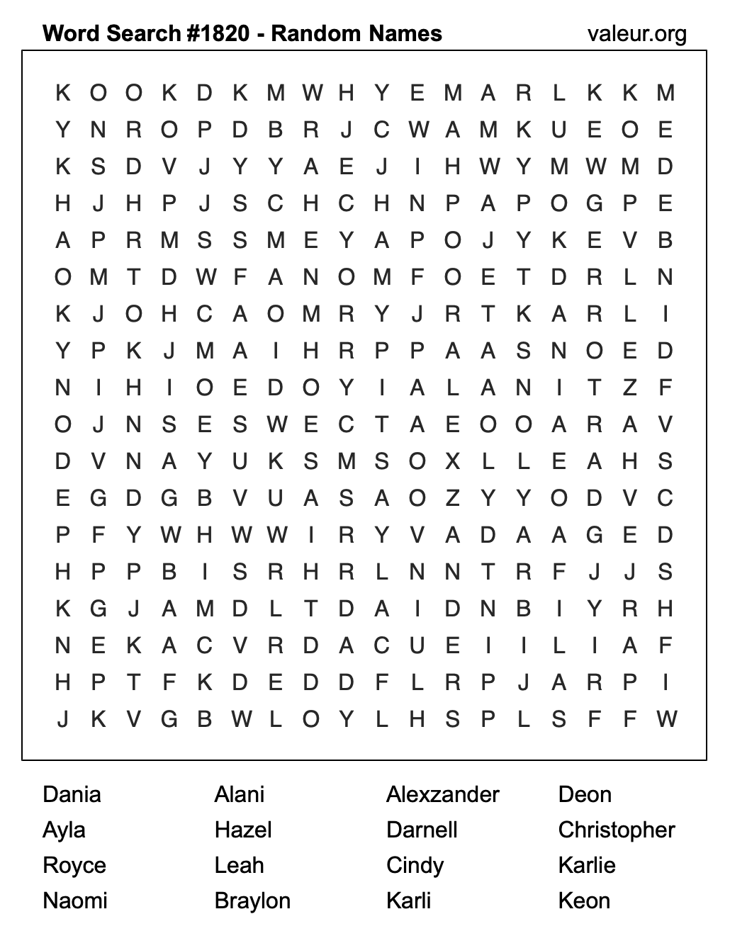 Word Search Puzzle with names #1820