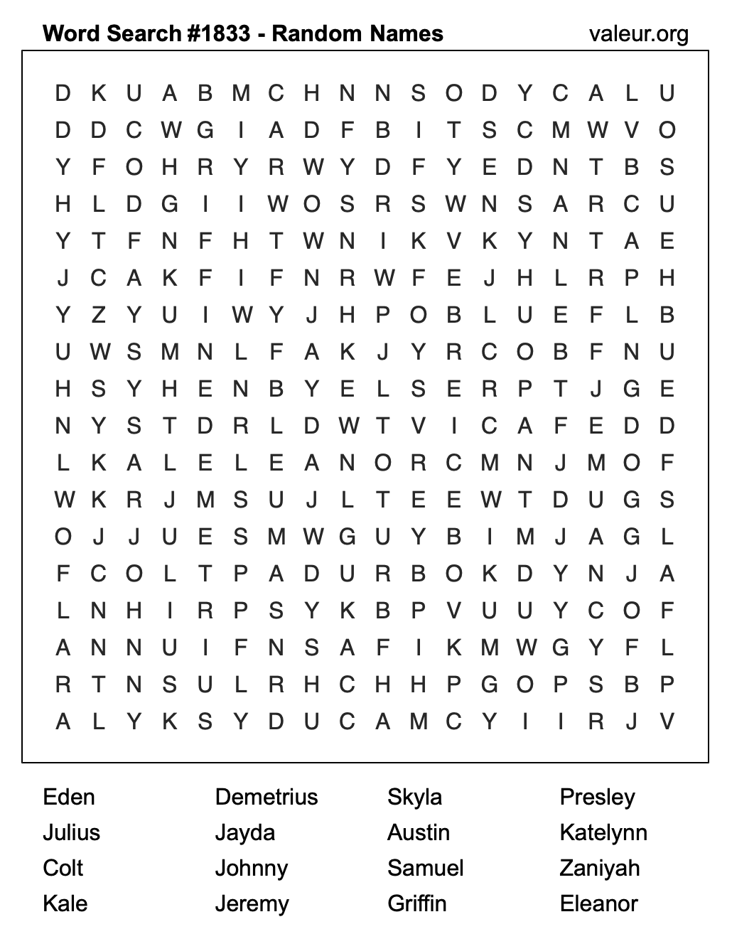 Word Search Puzzle with names #1833