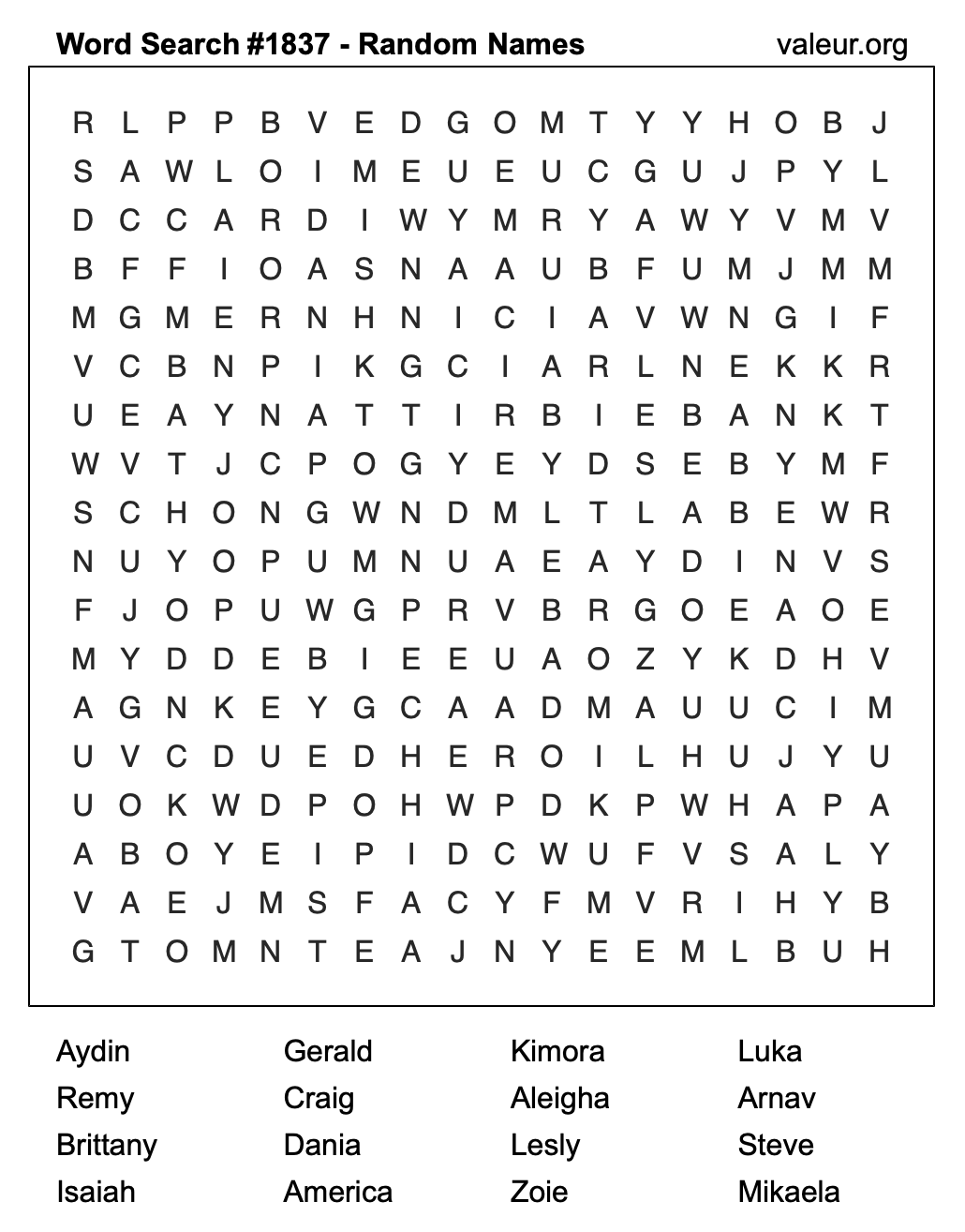 Word Search Puzzle with names #1837