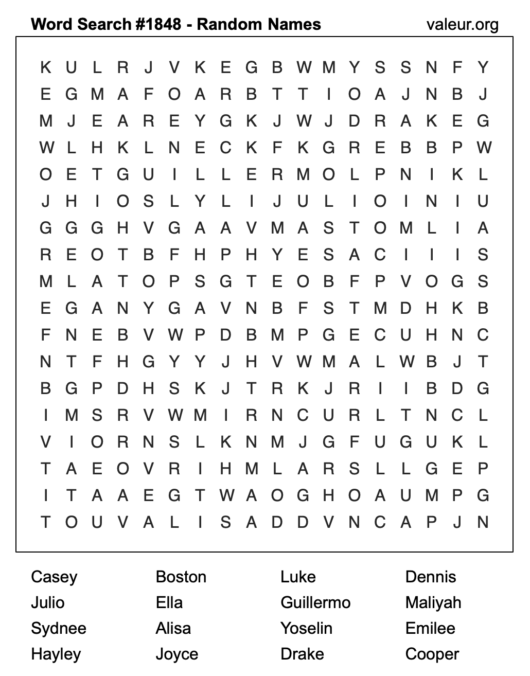 Word Search Puzzle with names #1848