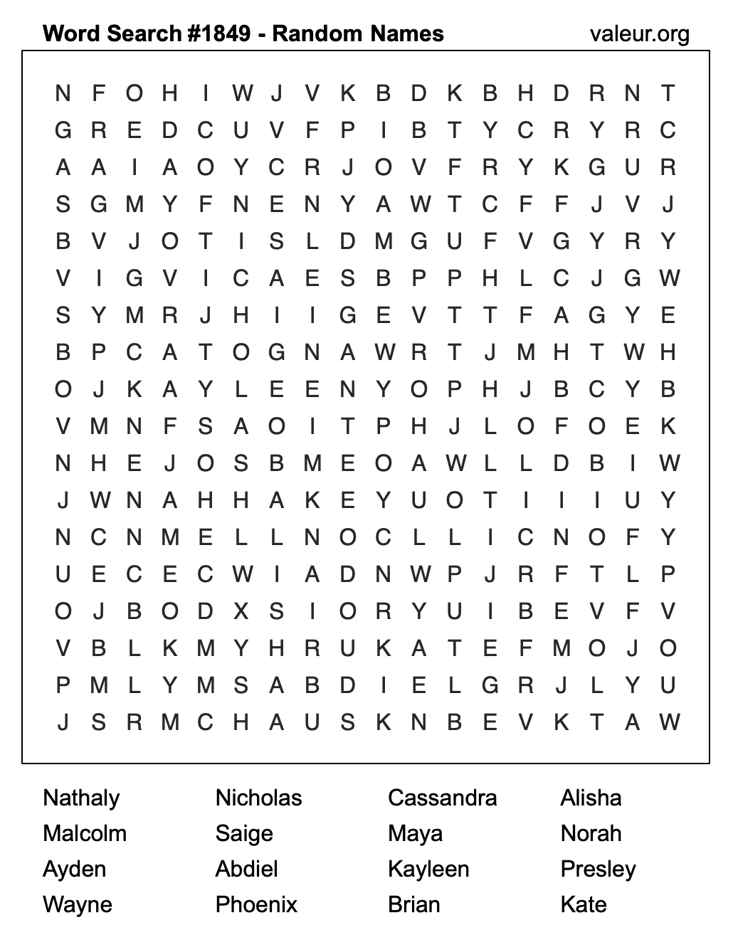 Word Search Puzzle with names #1849