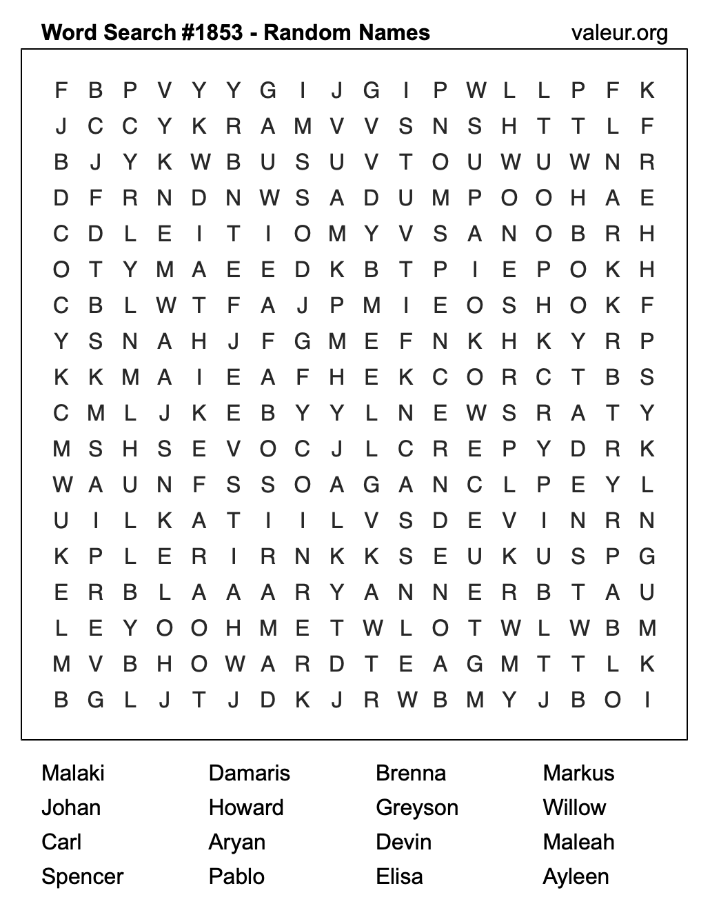 Word Search Puzzle with names #1853
