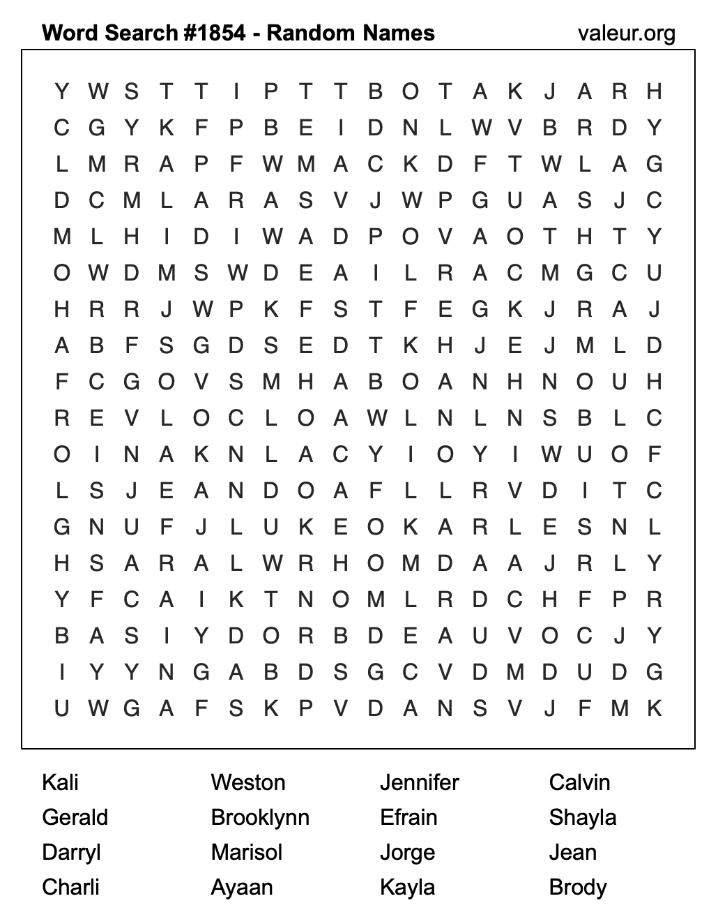 Word Search Puzzle with names #1854