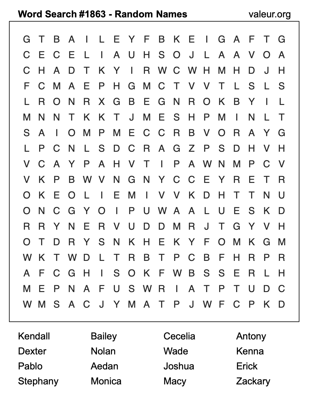 Word Search Puzzle with names #1863