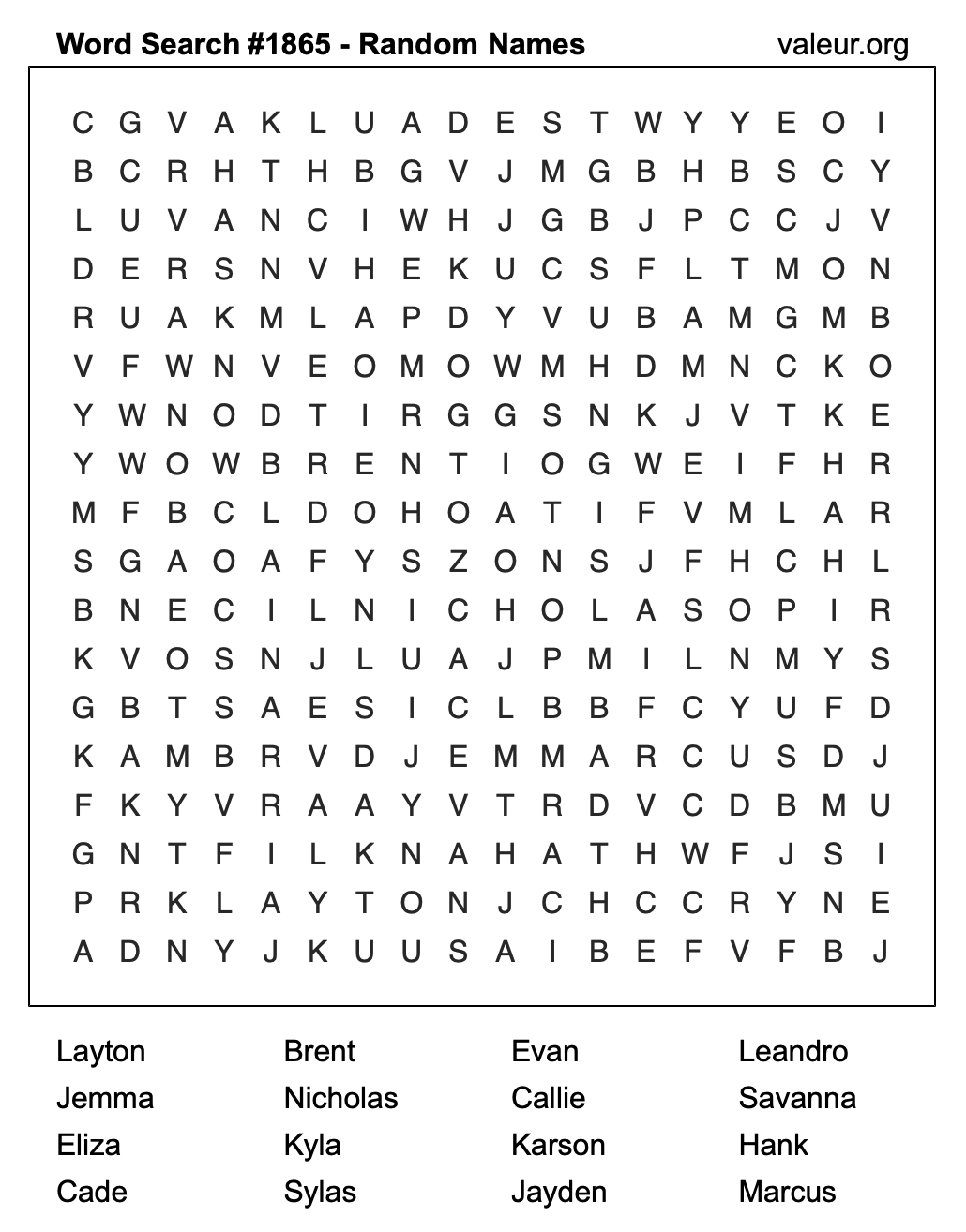 Word Search Puzzle with names #1865