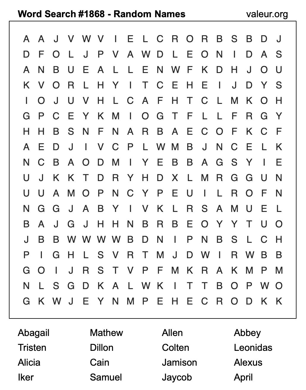 Word Search Puzzle with names #1868