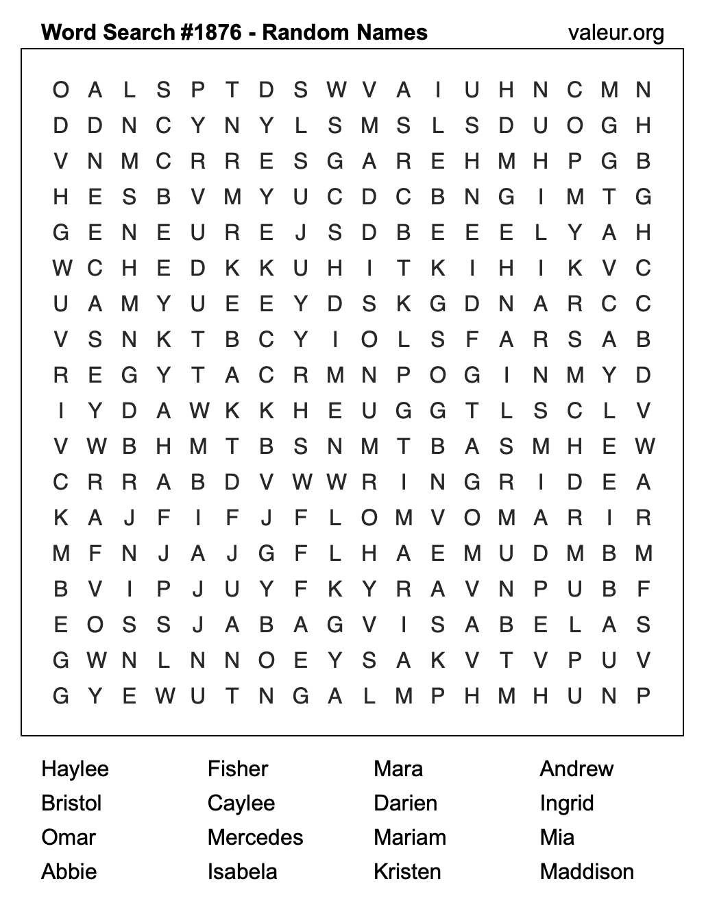 Word Search Puzzle with names #1876