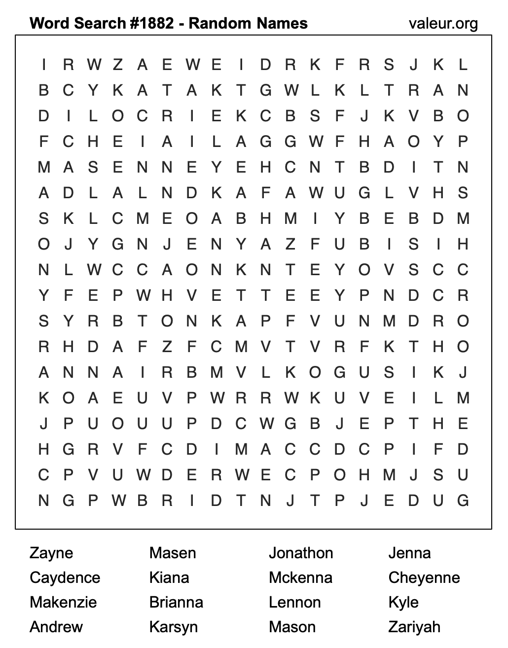 Word Search Puzzle with names #1882