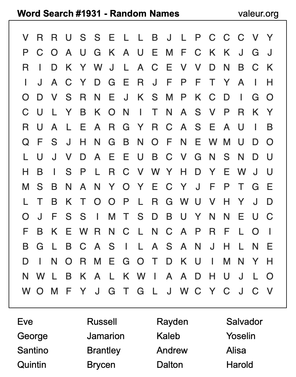 Word Search Puzzle with names #1931