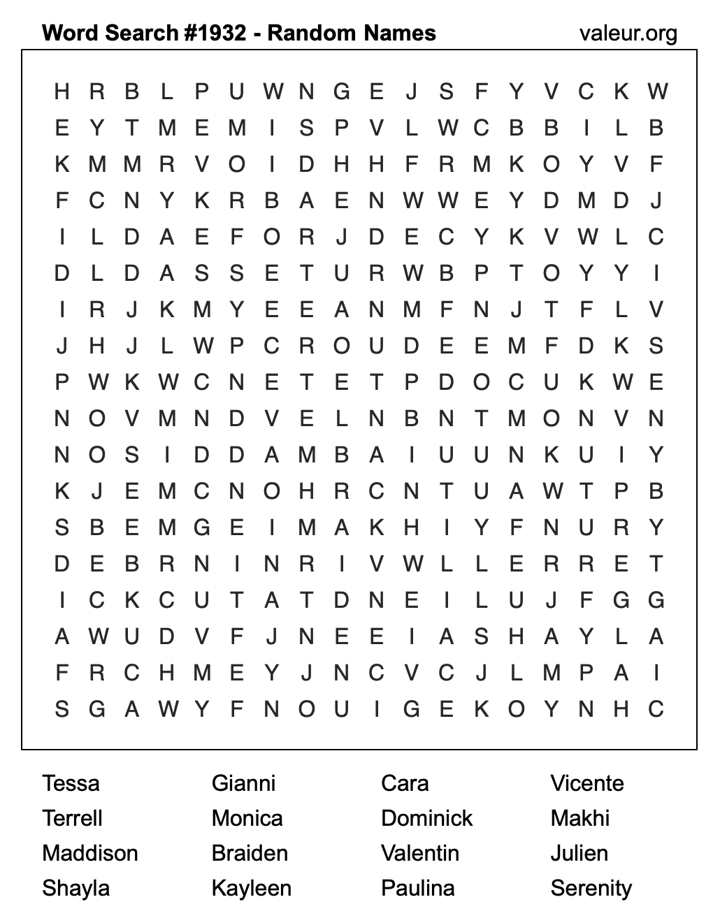 Word Search Puzzle with names #1932