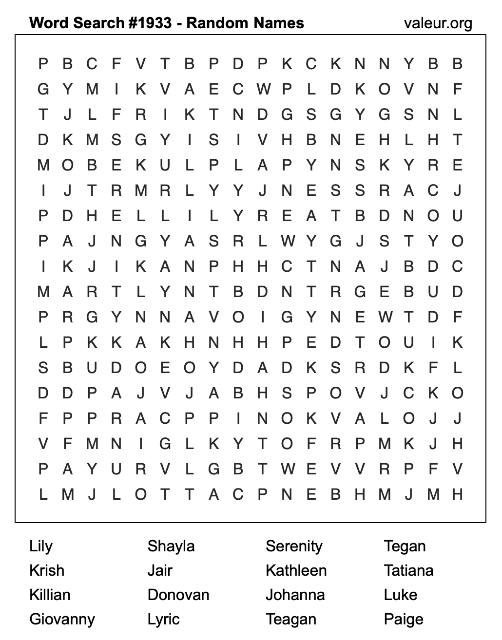 Word Search Puzzle with names #1933