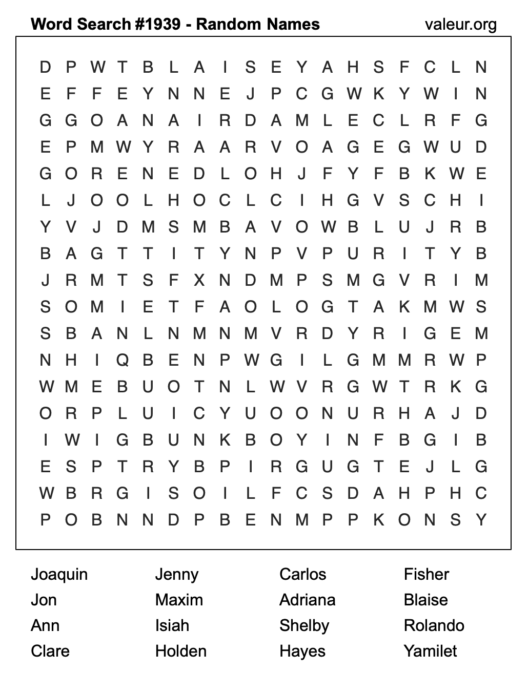 Word Search Puzzle with names #1939