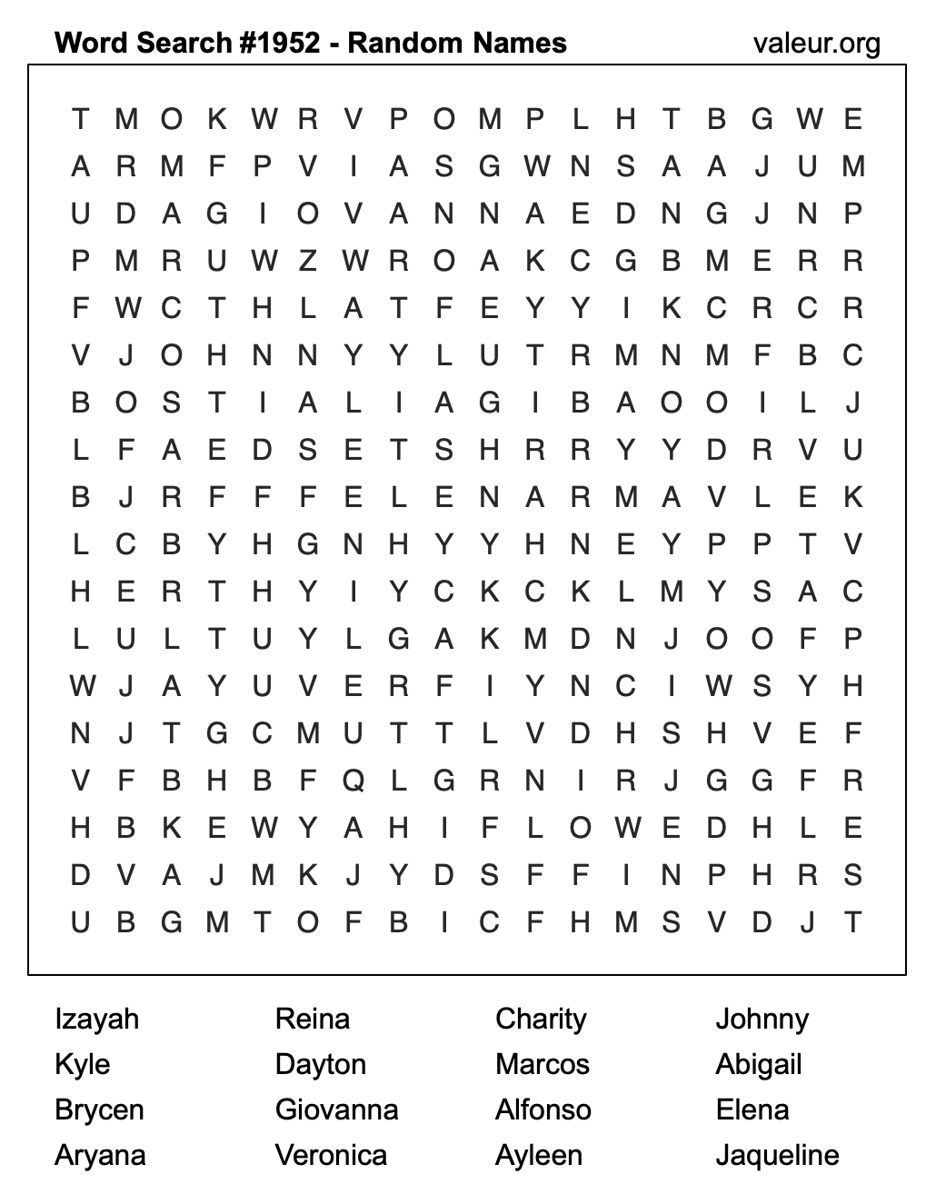 Word Search Puzzle with names #1952