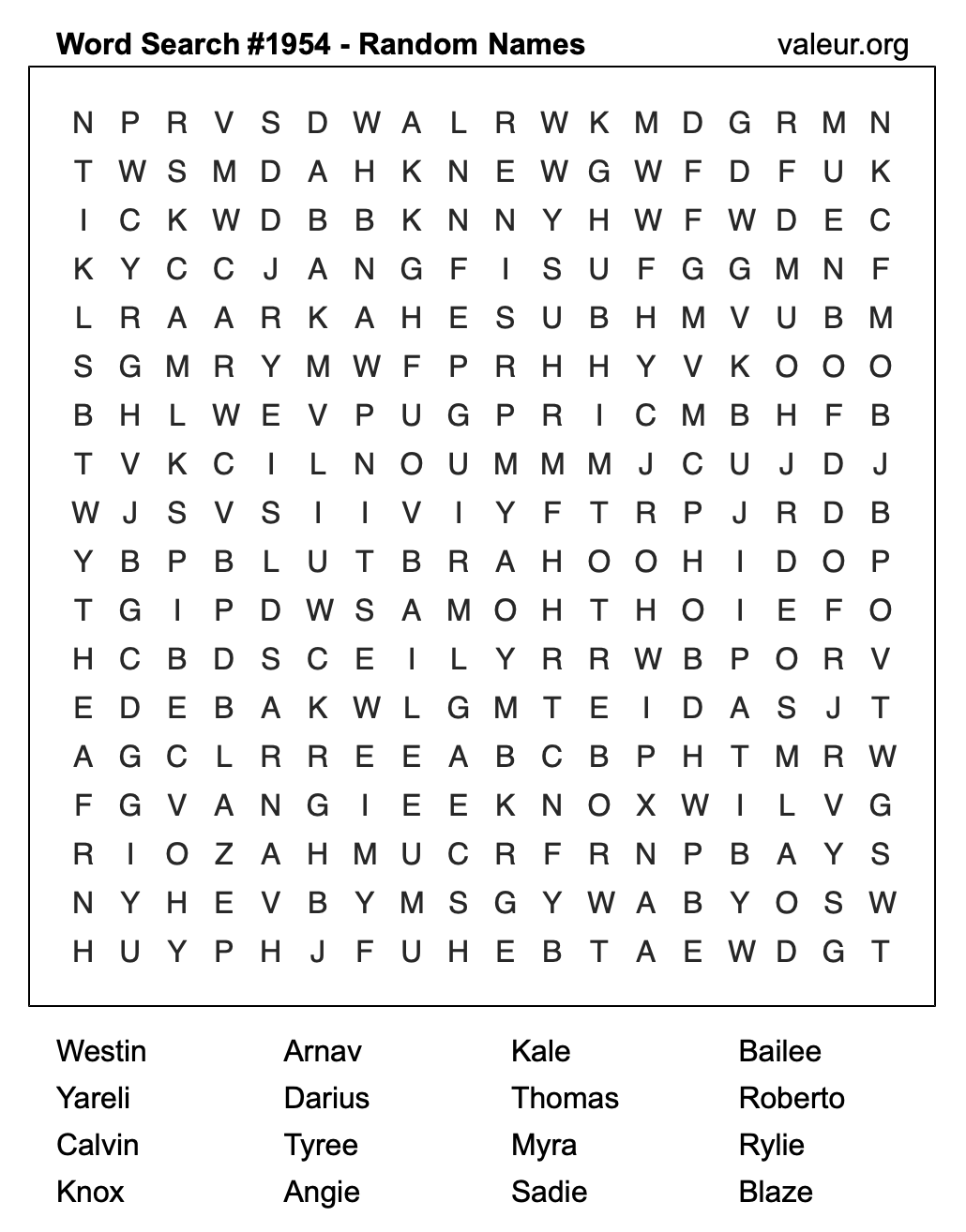 Word Search Puzzle with names #1954