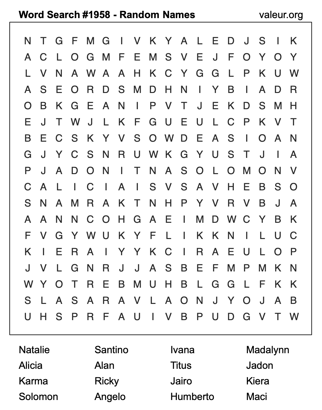 Word Search Puzzle with names #1958