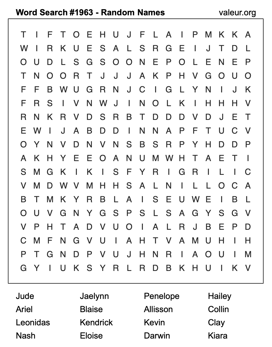 Word Search Puzzle with names #1963