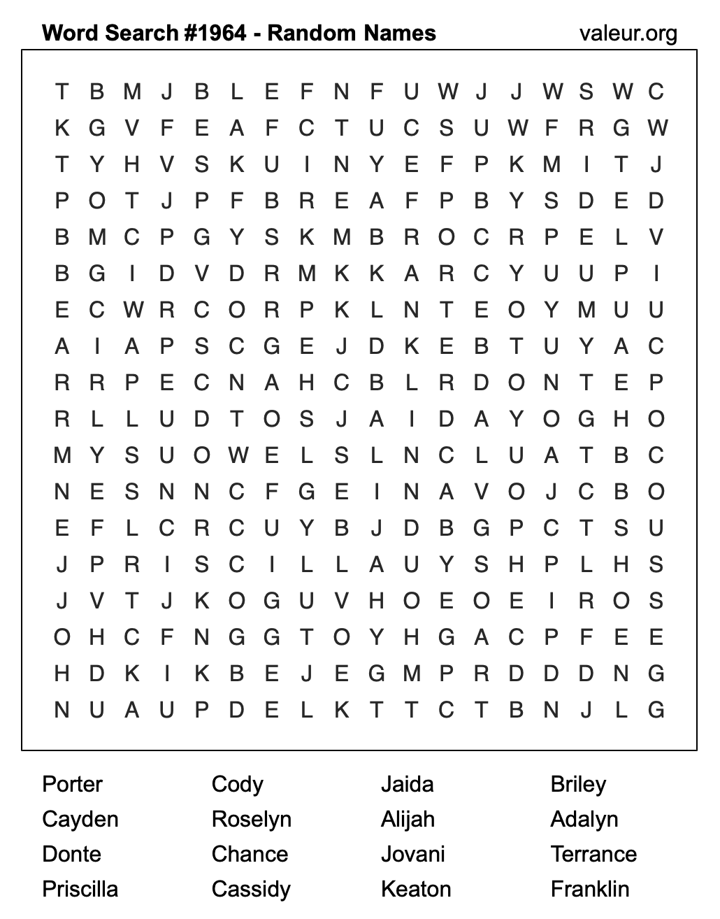 Word Search Puzzle with names #1964