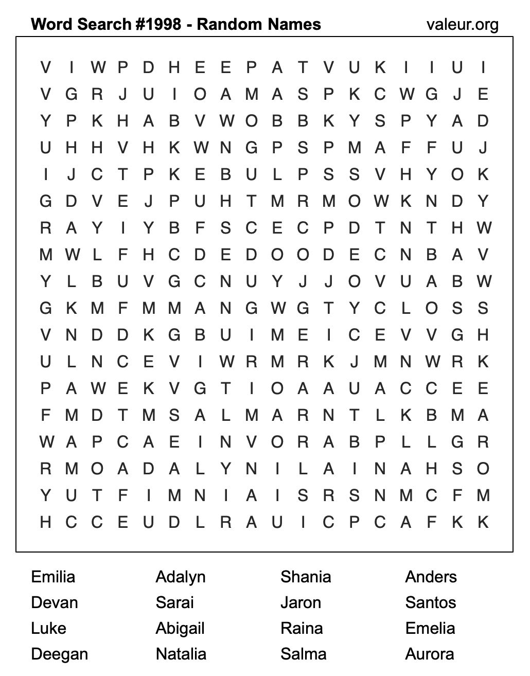 Word Search Puzzle with names #1998