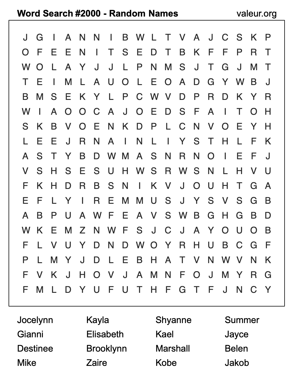 Word Search Puzzle with names #2000