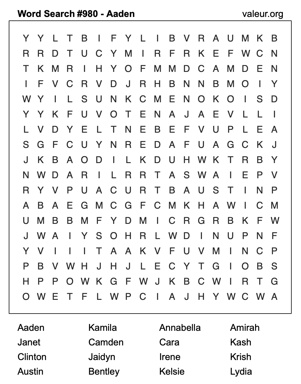 Word Search Puzzle with the name Aaden #980 Word Search Puzzle with the name Aaden #980