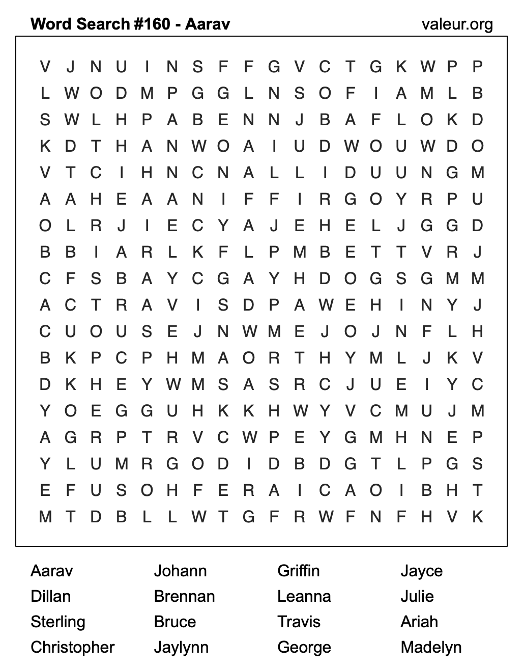 Word Search Puzzle with the name Aarav #160