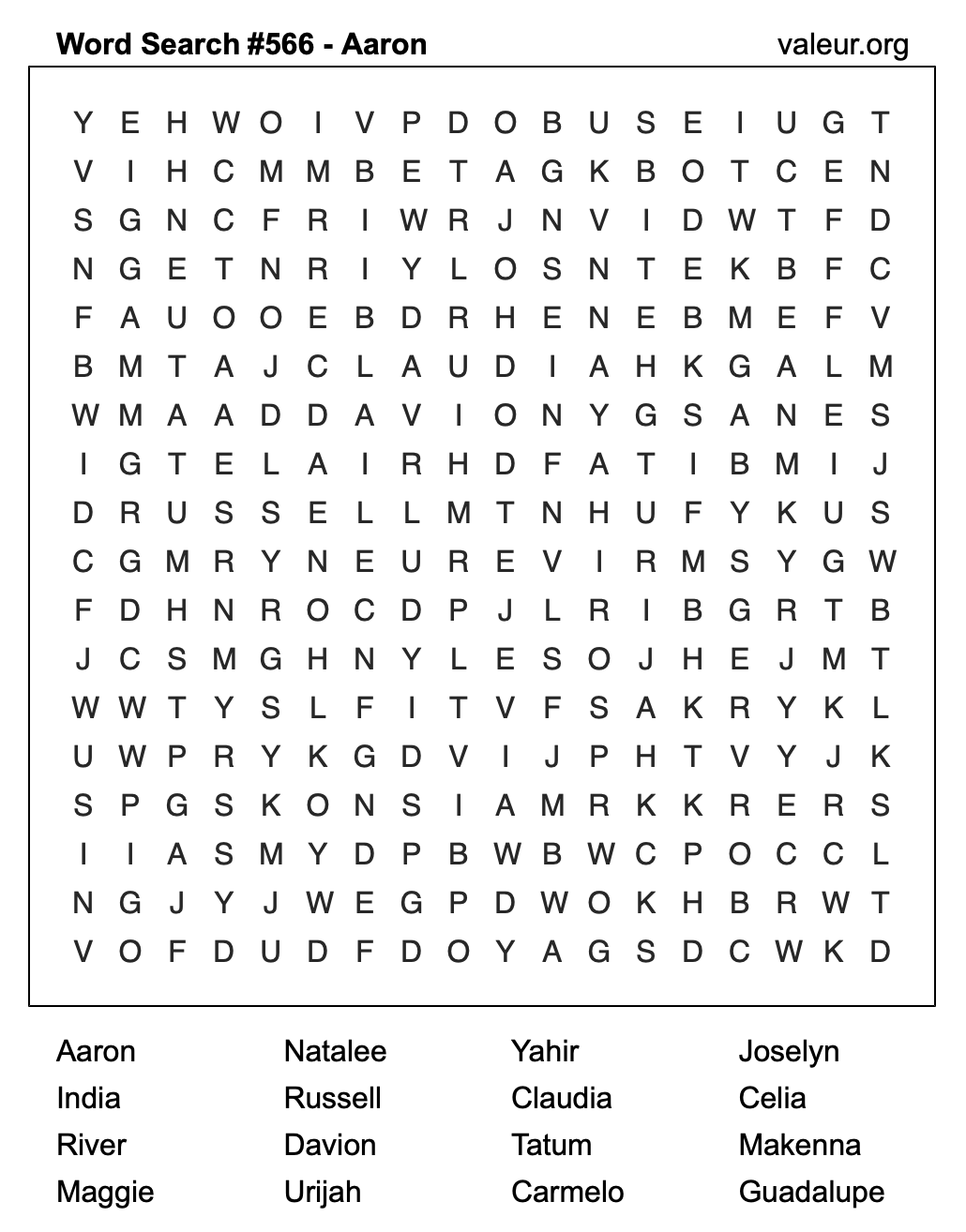 Word Search Puzzle with the name Aaron #566