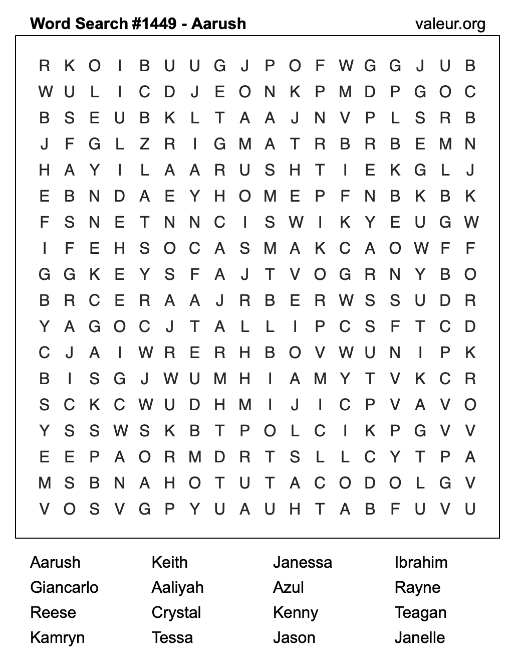 Word Search Puzzle with the name Aarush #1449