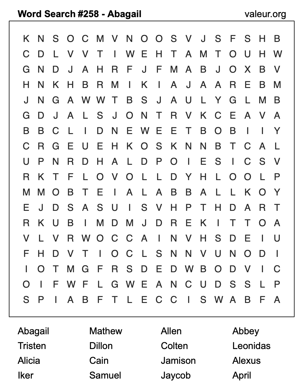 Word Search Puzzle with the name Abagail #258