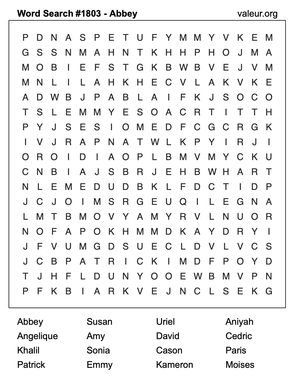 Word Search Puzzle with the name Abbey #1803