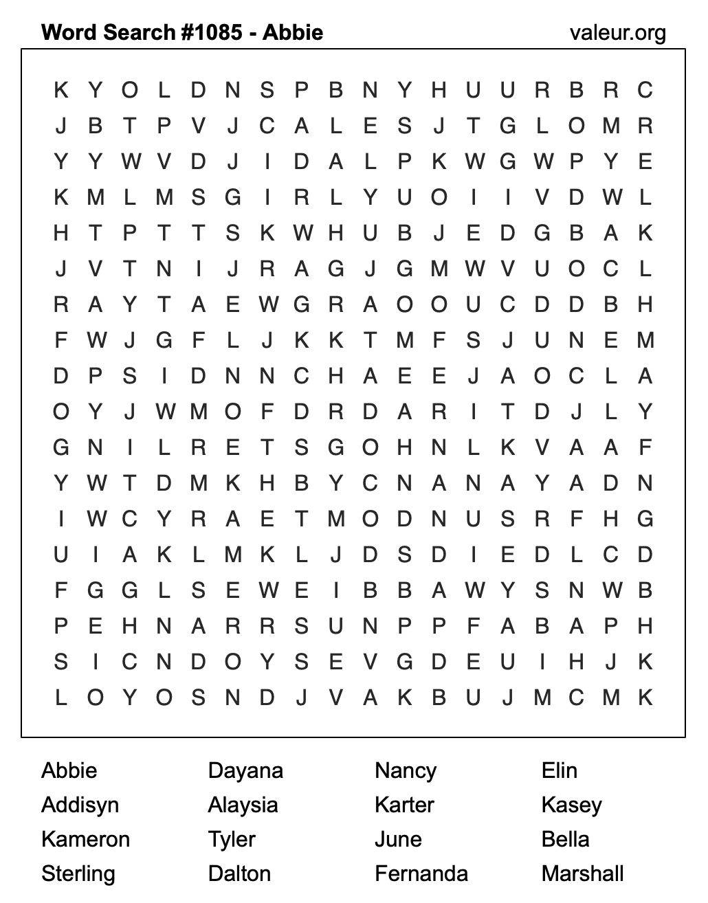 Word Search Puzzle with the name Abbie #1085