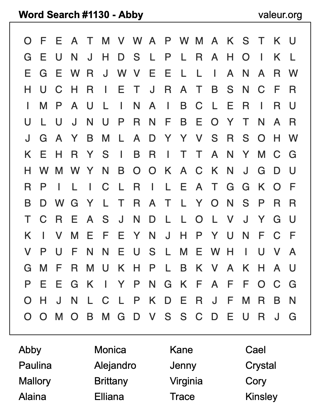 Word Search Puzzle with the name Abby #1130
