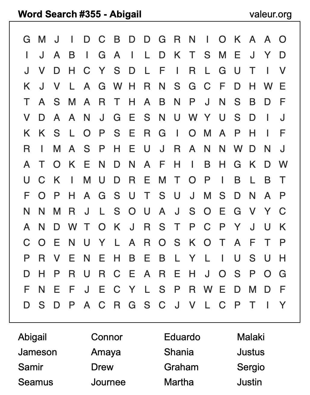 Word Search Puzzle with the name Abigail #355 Word Search Puzzle with the name Abigail #355