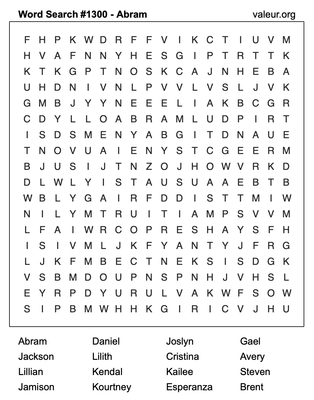 Word Search Puzzle with the name Abram #1300 Word Search Puzzle with the name Abram #1300