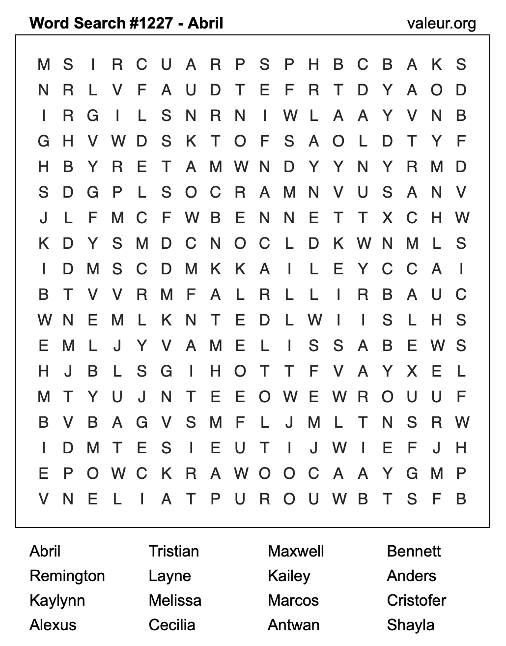 Word Search Puzzle with the name Abril #1227