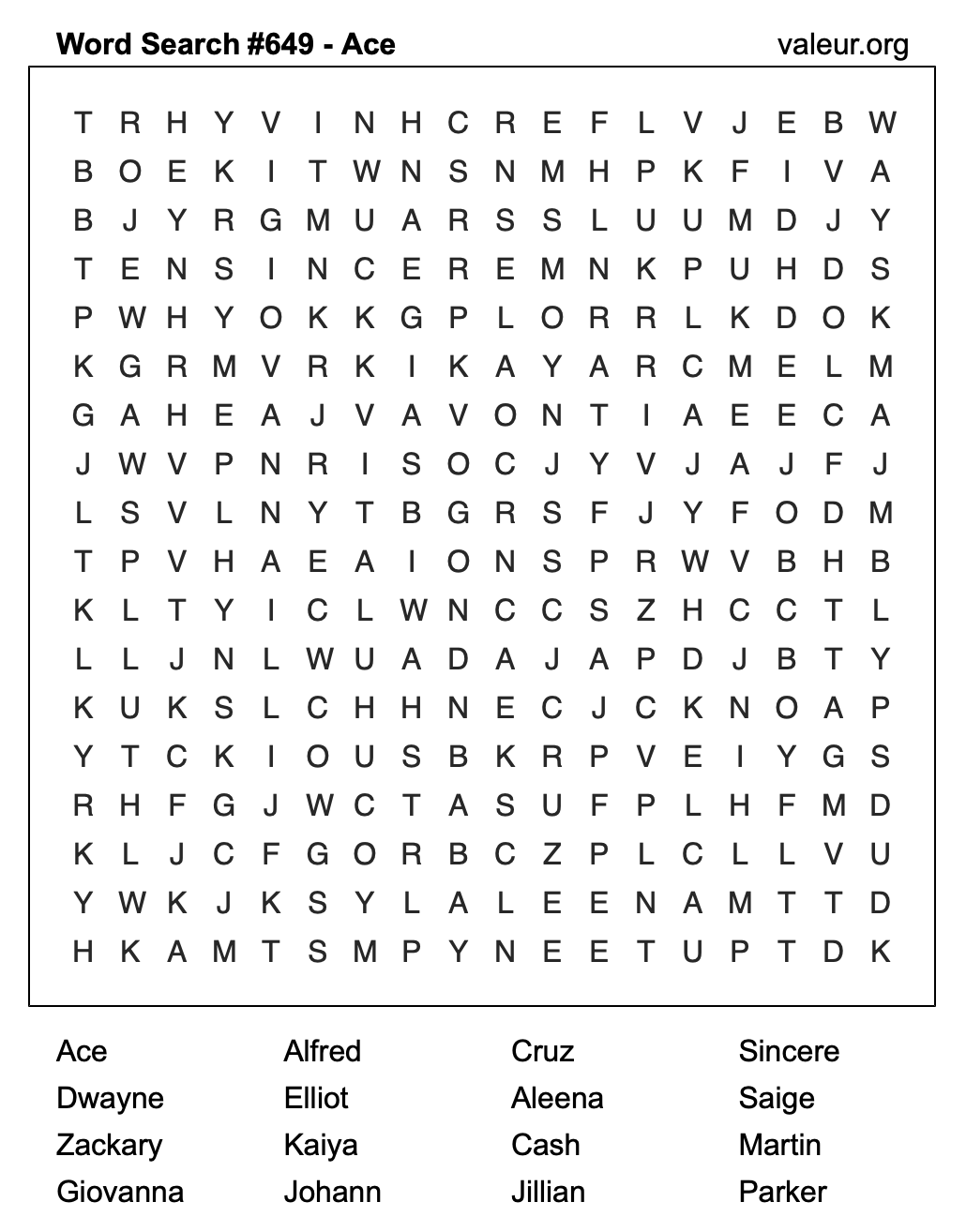 Word Search Puzzle with the name Ace #649