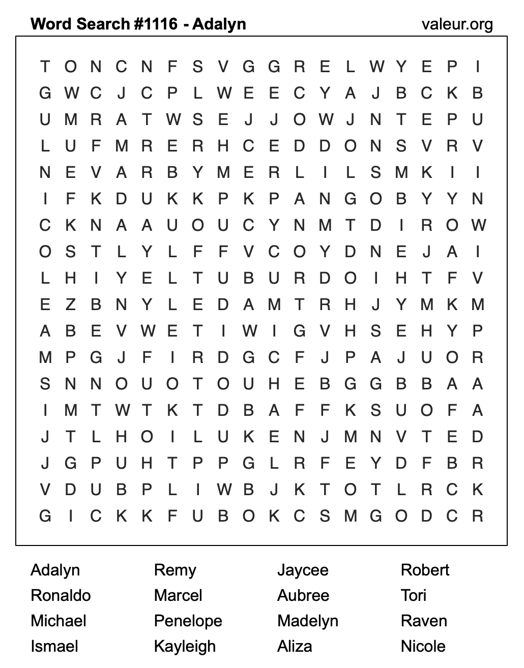 Word Search Puzzle with the name Adalyn #1116