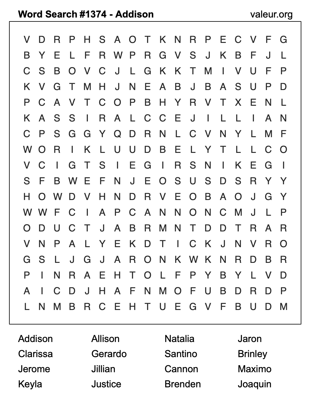 Word Search Puzzle with the name Addison #1374 Word Search Puzzle with the name Addison #1374