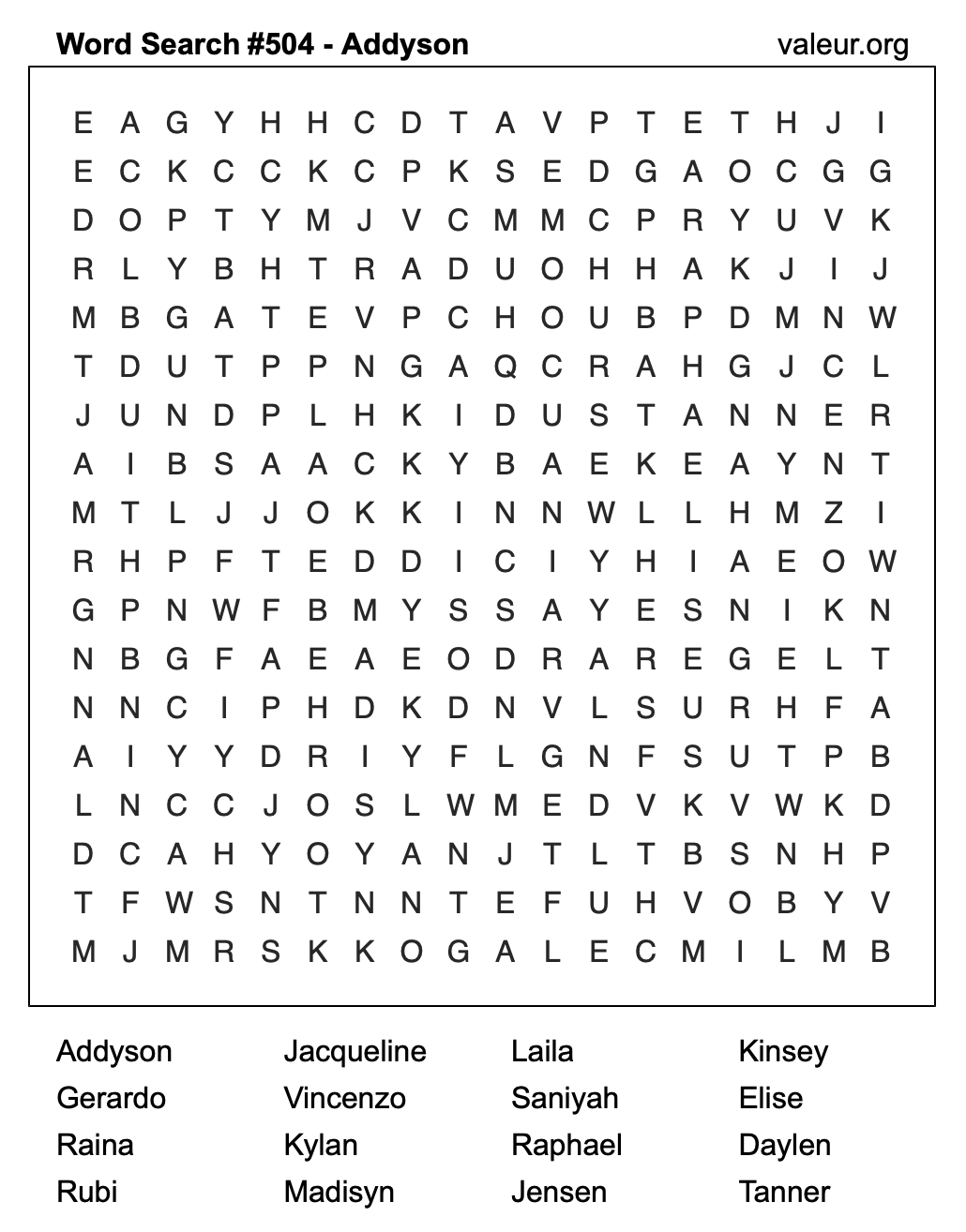 Word Search Puzzle with the name Addyson #504