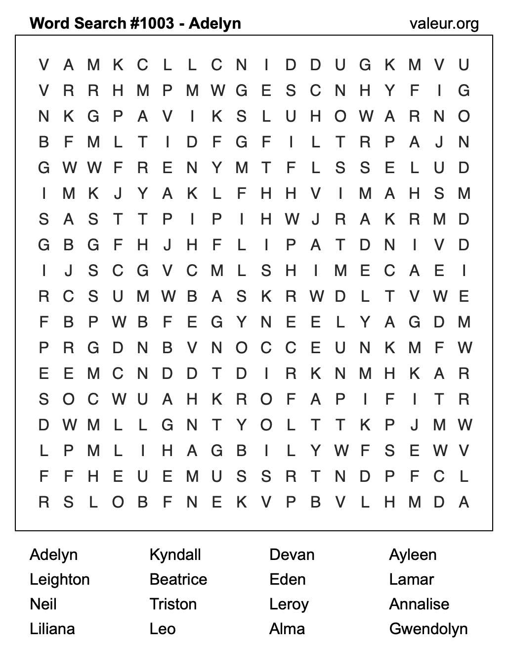 Word Search Puzzle with the name Adelyn #1003