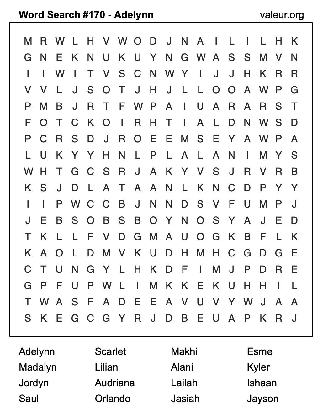 Word Search Puzzle with the name Adelynn #170
