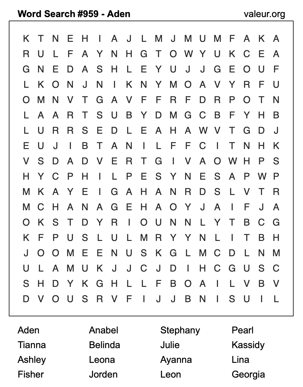Word Search Puzzle with the name Aden #959