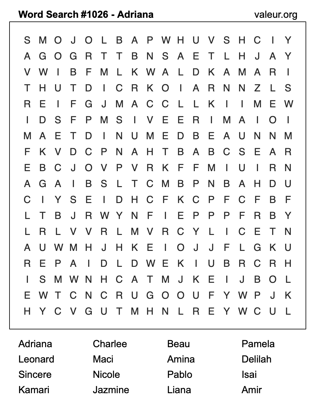 Word Search Puzzle with the name Adriana #1026